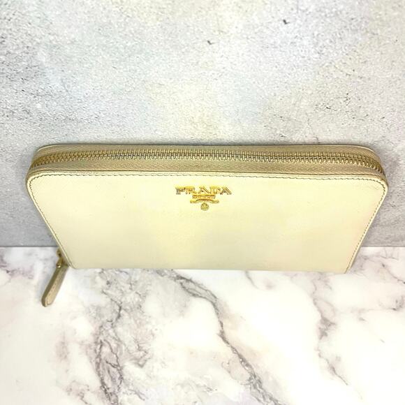 Prada Saffiano Cream Leather Zip Wallet Gold Hardware with Authenticity Card - Picture 6 of 12